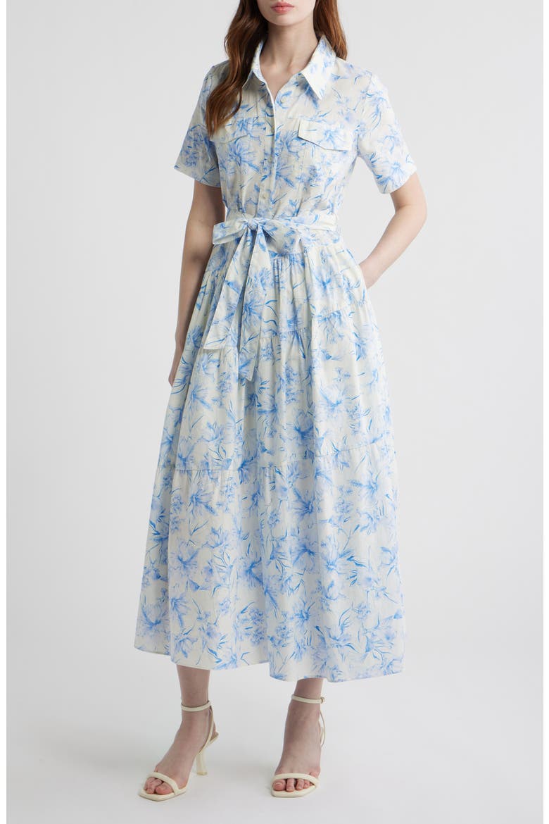 Printed Tie Belt Cotton Poplin Maxi Shirtdress, Main, color, BLUE MULTI