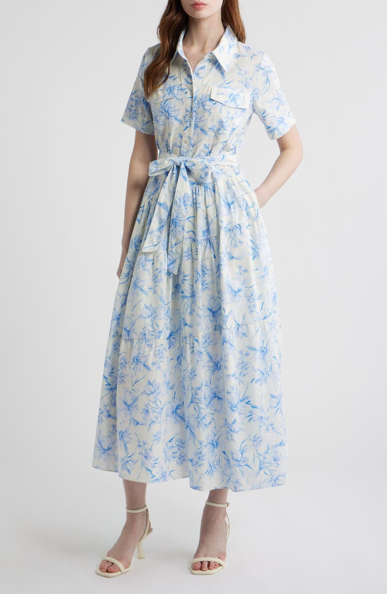 ZOE AND CLAIRE Printed Tie Belt Cotton Poplin Maxi Shirtdress, Main, color, Blue Multi