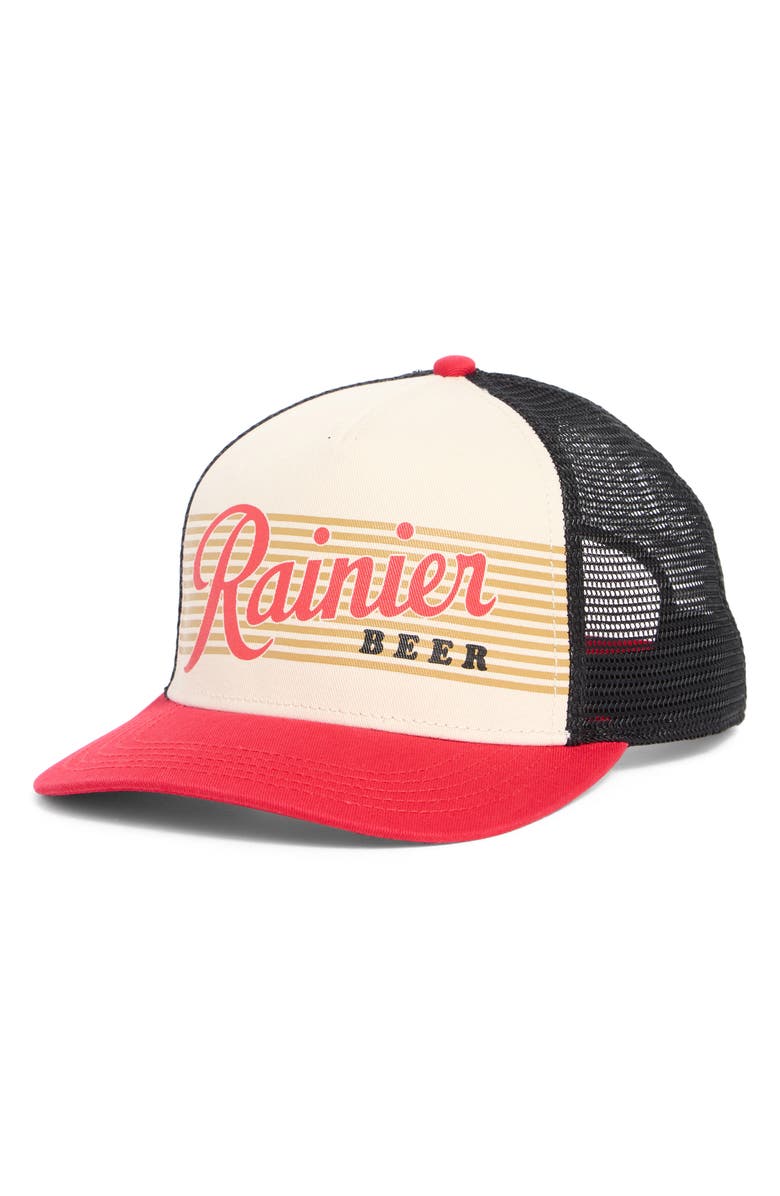 American Needle Sinclair Rainier Trucker Hat, Main, color, Black/ Ivory/ Red