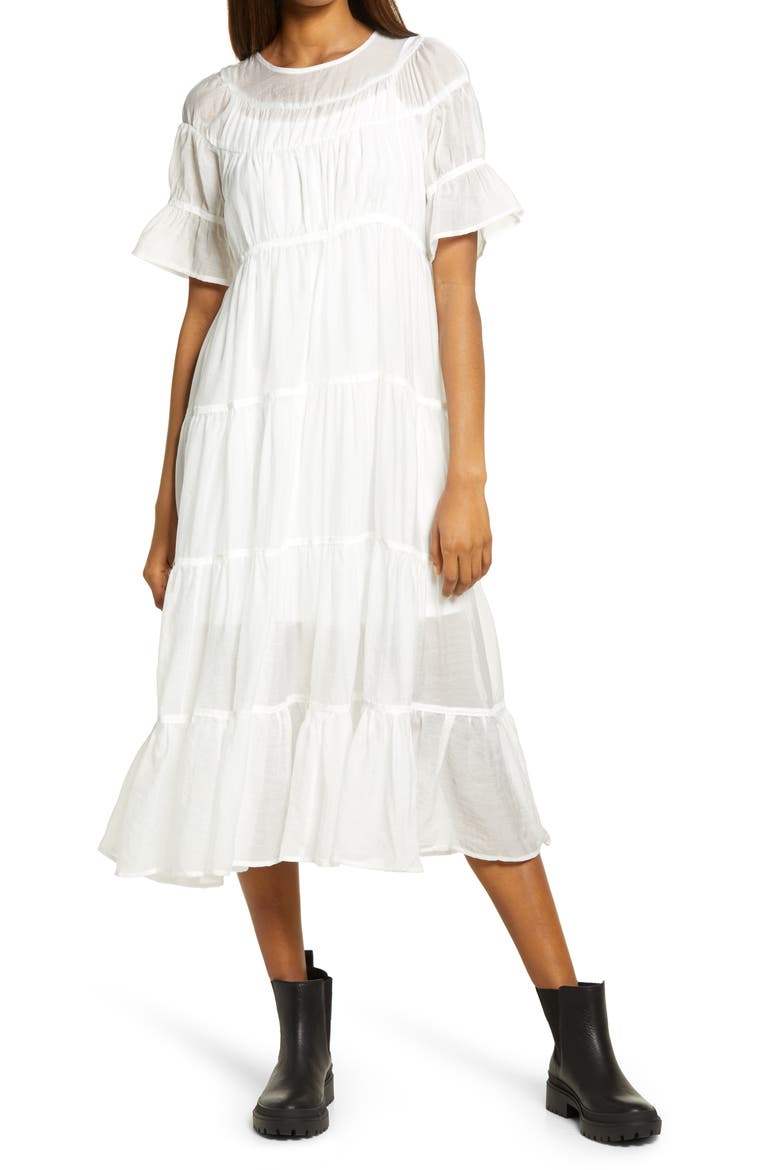 Lizzo Tiered Taffeta Dress, Main, color, WHITE