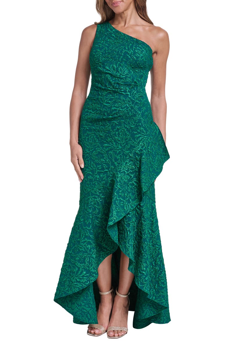 One Shoulder Floral Jacquard Gown, Main, color, HUNTER