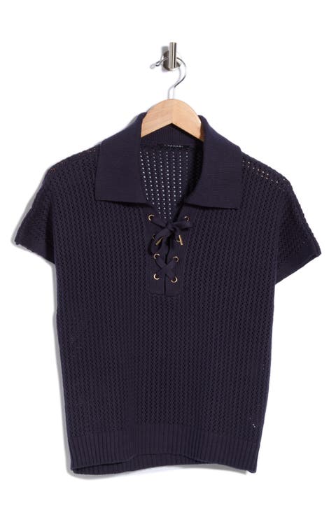 Tie Neck Short Sleeve Open Stitch Sweater