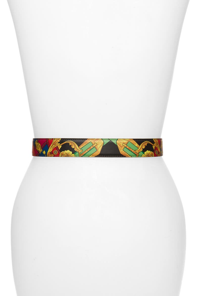 Medusa Head Buckle Print Leather Belt, Alternate, color, BLACK/ SILVER