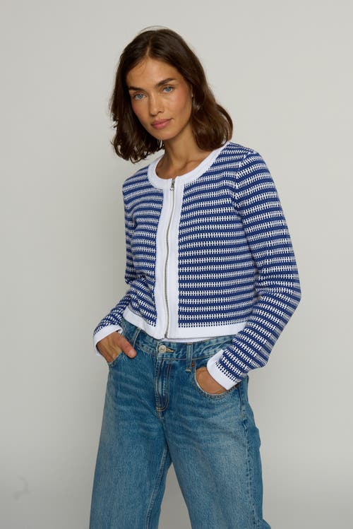 Central Park West Novelty Zipup Cardigan In Blue/white