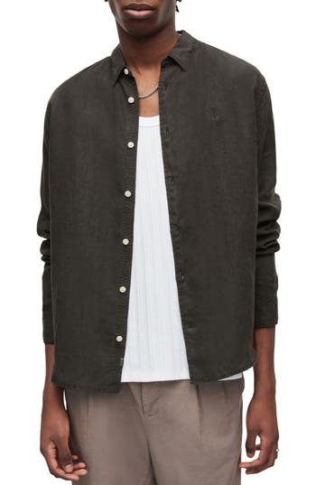 Allsaints Cypress Slub Linen Button-up Shirt In Gray