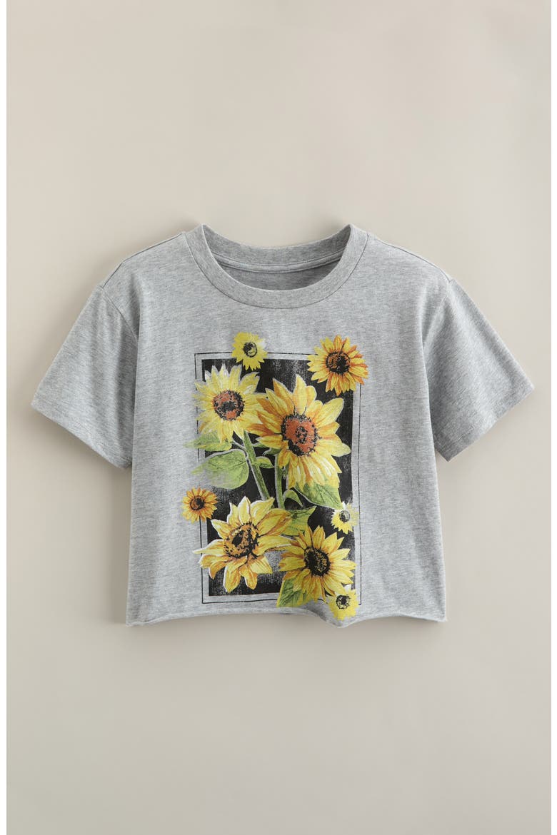 Kids' Crop Cotton Graphic T-Shirt, Main, color, GREY LIGHT HEATHER SUNFLOWERS