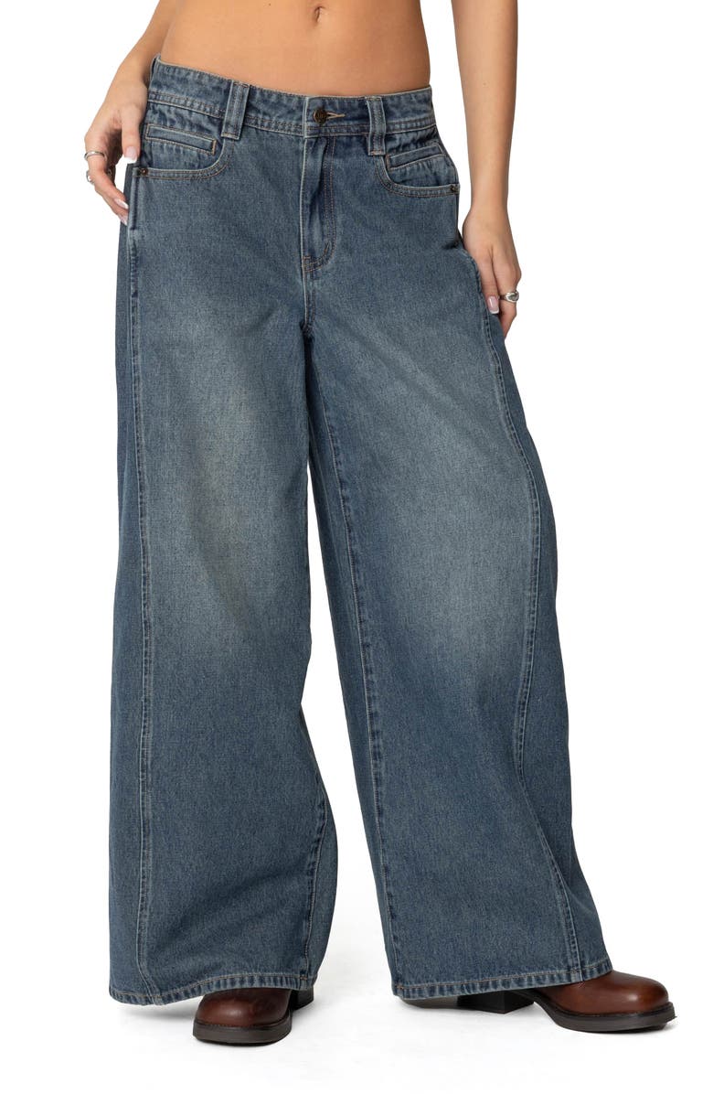 EDIKTED Hilla Side Pleat Low Rise Baggy Wide Leg Jeans, Main, color,