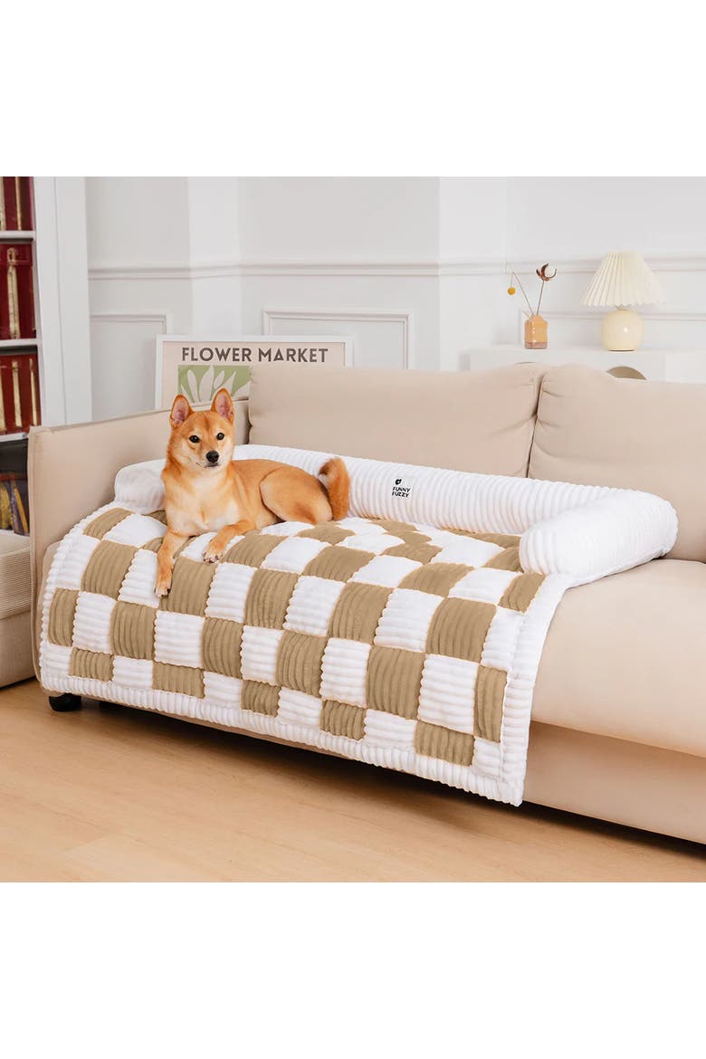 Cream Square Plaid Cozy Dog Mat Furniture Protector Cover, Alternate, color, Coffee