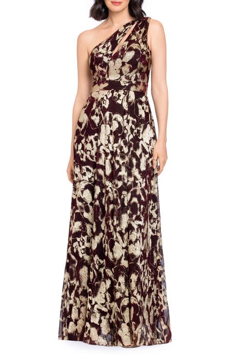 Floral Metallic Crinkle One-Shoulder Gown