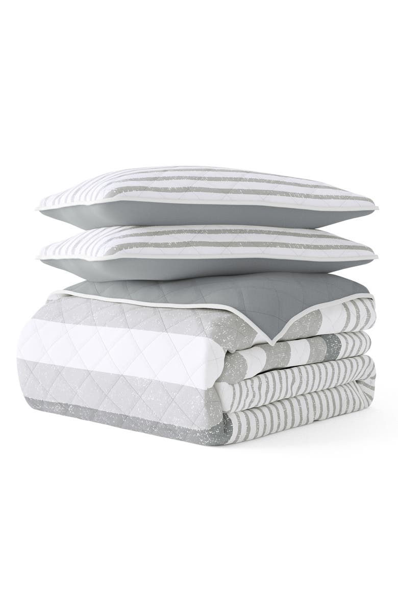 HOMESPUN All Season Gray Stripe 3-Piece Down Alternative Reversible Quilt Set, Main, color, Light Gray