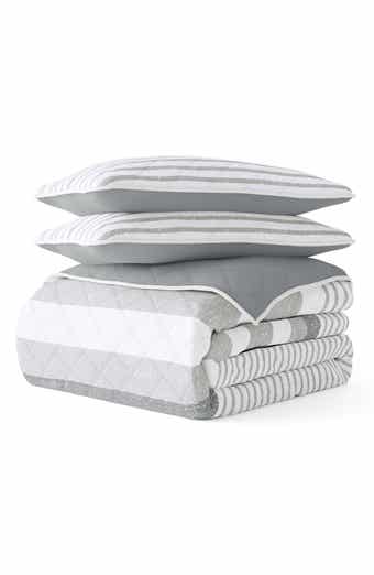 All Season Gray Stripe 3-Piece Down Alternative Reversible Quilt Set