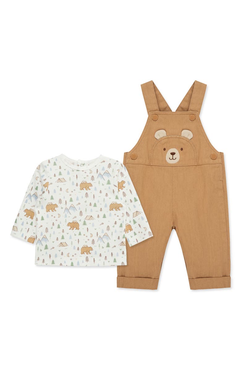 Little Me Bear Graphic T-Shirt & Overalls Set, Main, color, Brown
