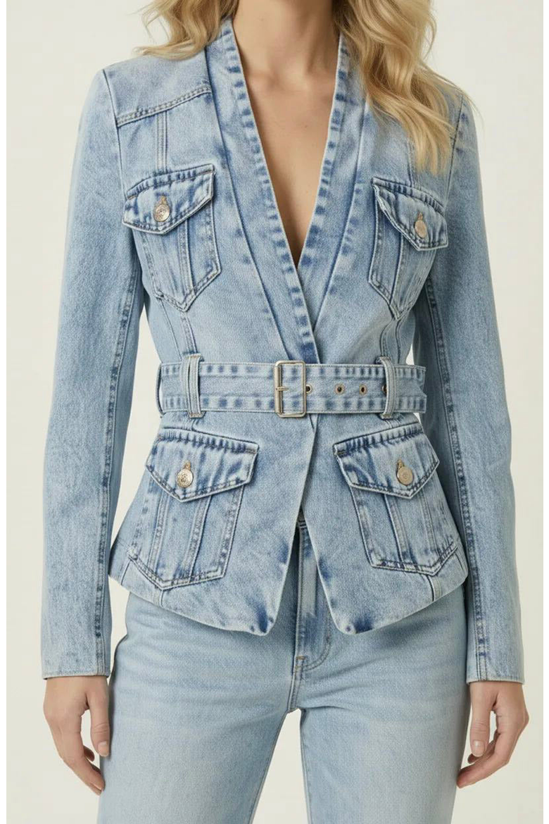 Denim Blazer with Belted Waist and Utility Pocket Detail, Main, color, Light Wash Blue