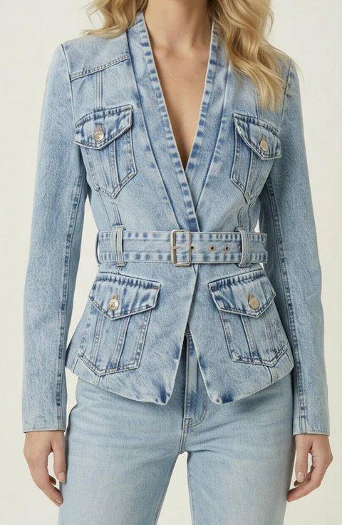 Denim Blazer with Belted Waist and Utility Pocket Detail