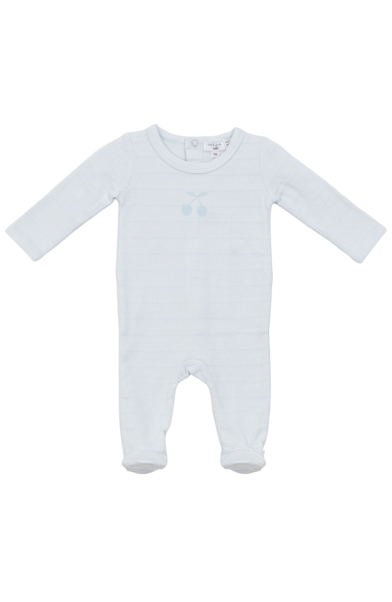 Little Fragile Boy Textured Cherry Chest Artwork Long Sleeve Romper, Main, color, Blue