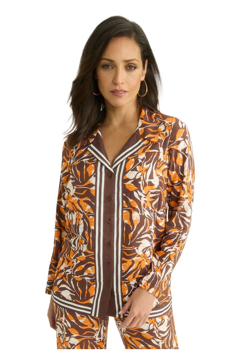 Jessica London Button Front Rayon Shirt, Main, color, Rich Brown Ombre Petal