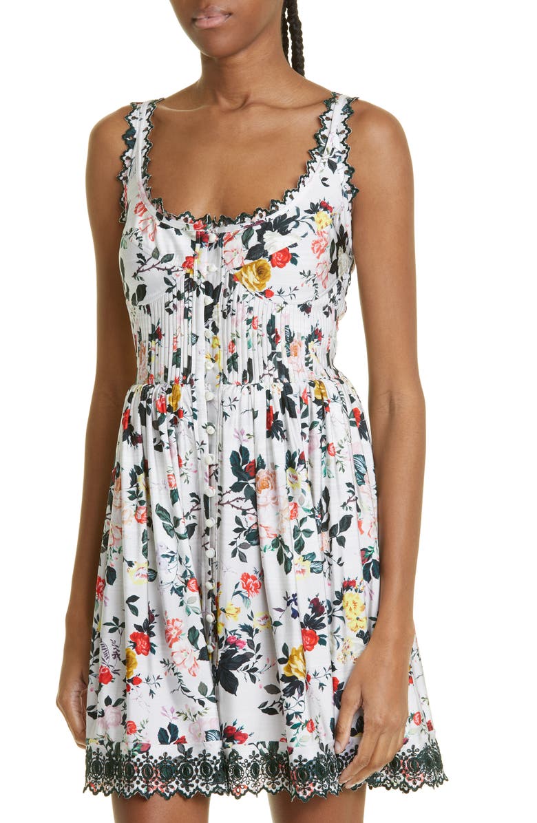 Rabanne Rose Print Eyelet Trim Minidress, Alternate, color,