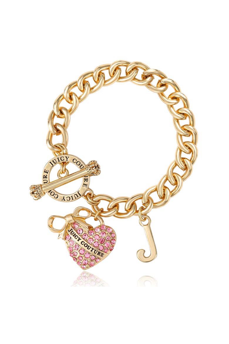 Pink Pavé Heart Toggle Bracelet, Gold-Tone Curb Chain, Main, color, Gold Tone