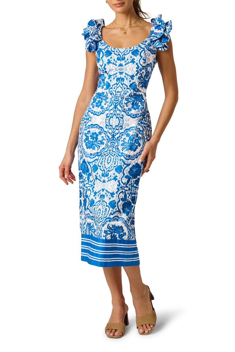 column midi dress Scoop Neck Satin with Bow at Empire Waist Diani Mauve Abstract Jacquard Column
