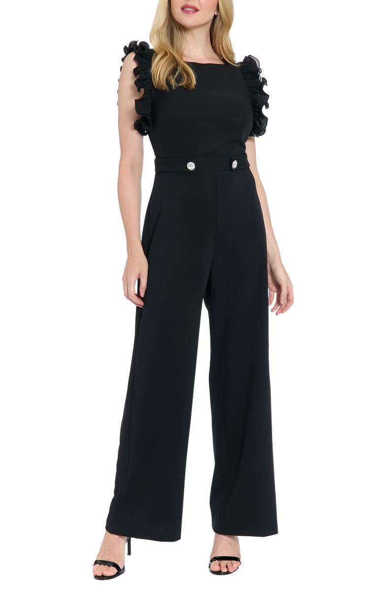 London Times Ruffle Cap Sleeve Mixed Media Jumpsuit, Main, color, Black