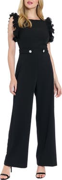 London Times Ruffle Cap Sleeve Mixed Media Jumpsuit