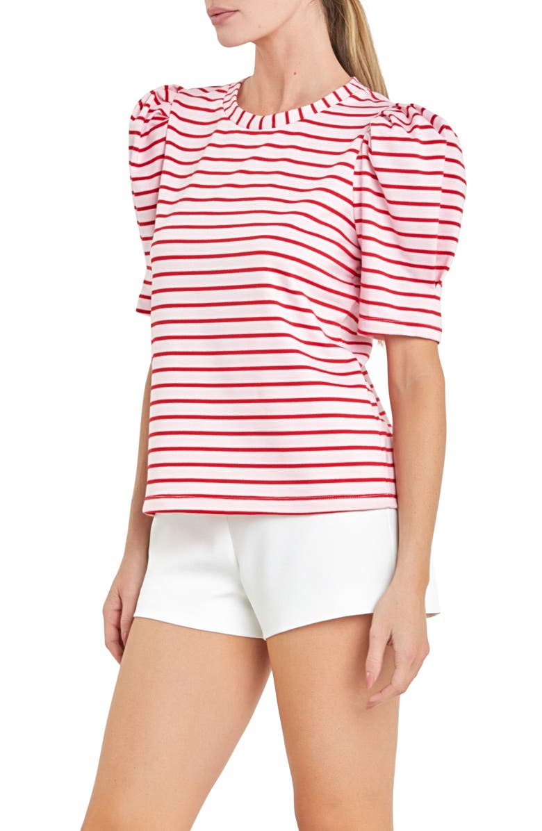 English Factory Stripe Puff Sleeve Top, Alternate, color, Pink/Red