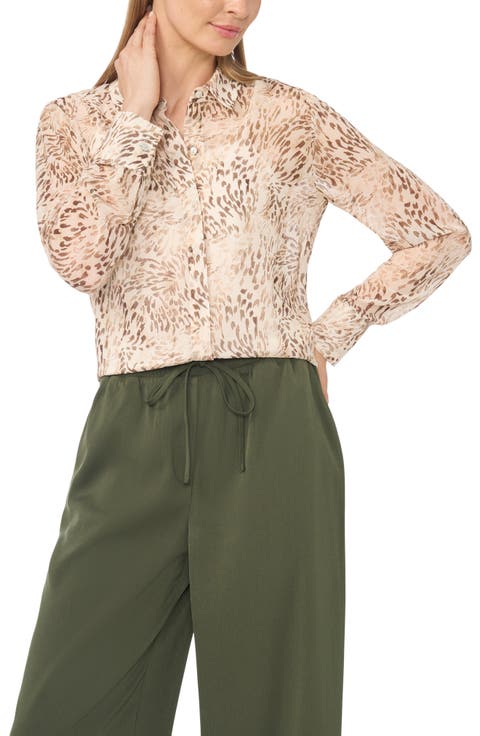 Hidden Placket Semisheer Chiffon Button-Up Shirt