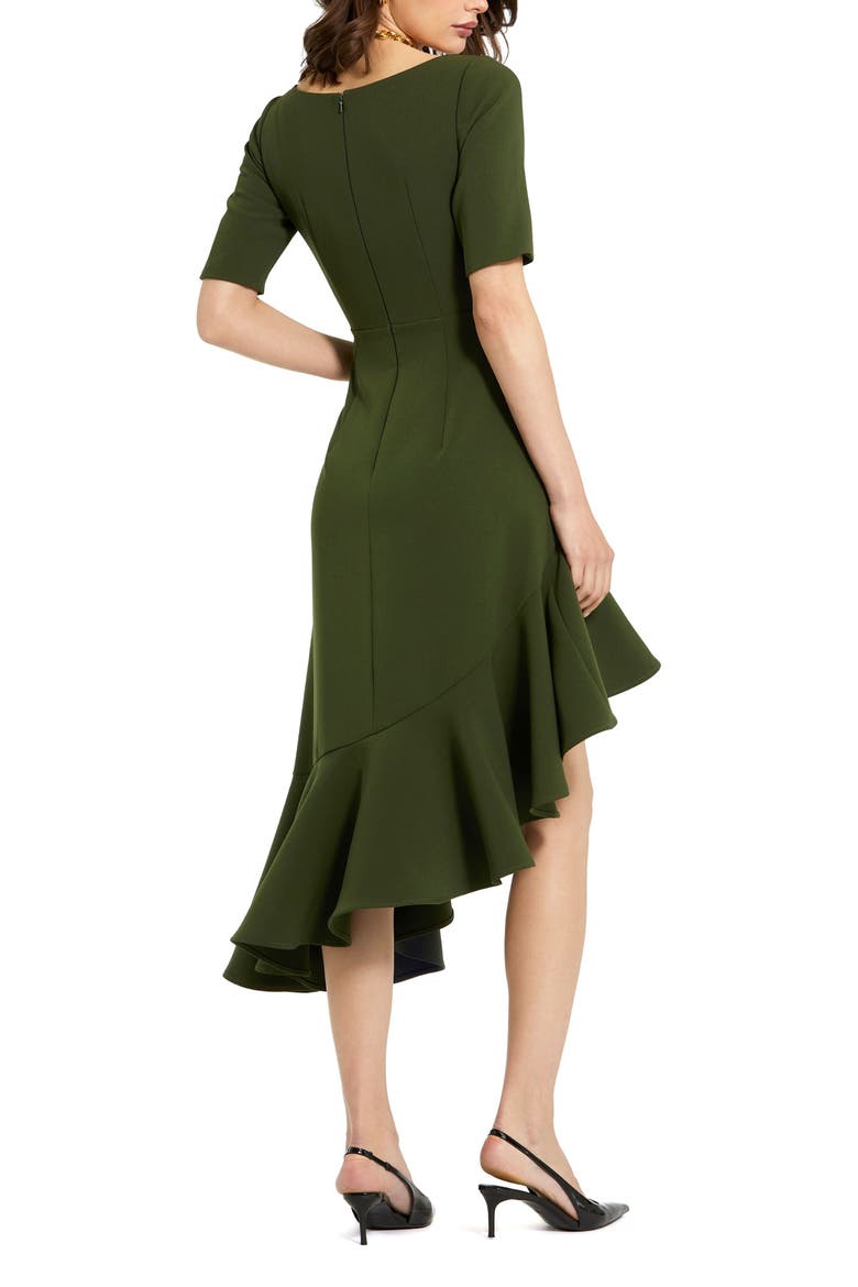 Crepe 3/4 Sleeve Asymmetrical Hem Belted Dress, Alternate, color, Dark Green
