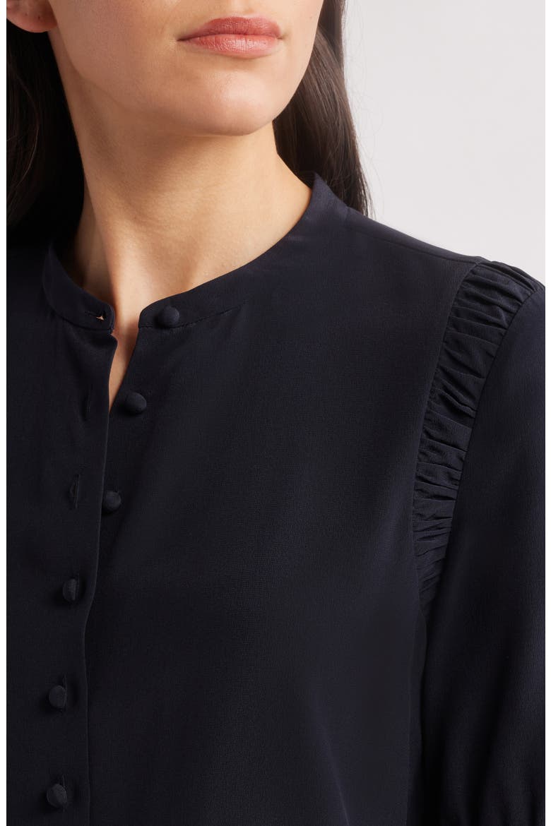 The Silk Gathered Short Sleeve Button-Up Shirt, Alternate, color, NAVY