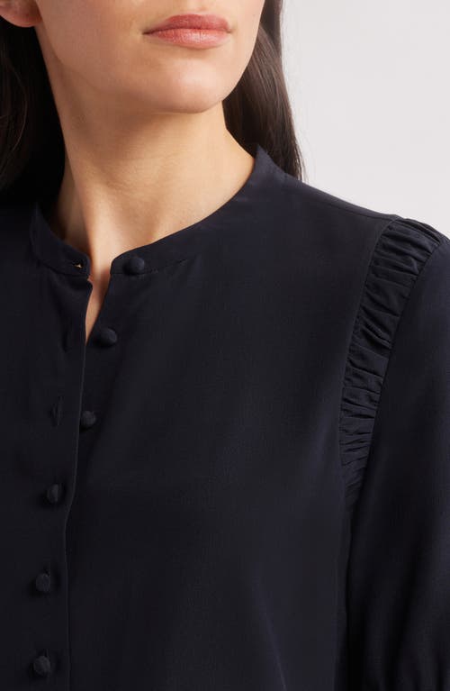 Frame The Silk Gathered Short Sleeve Button-up Shirt In Blue