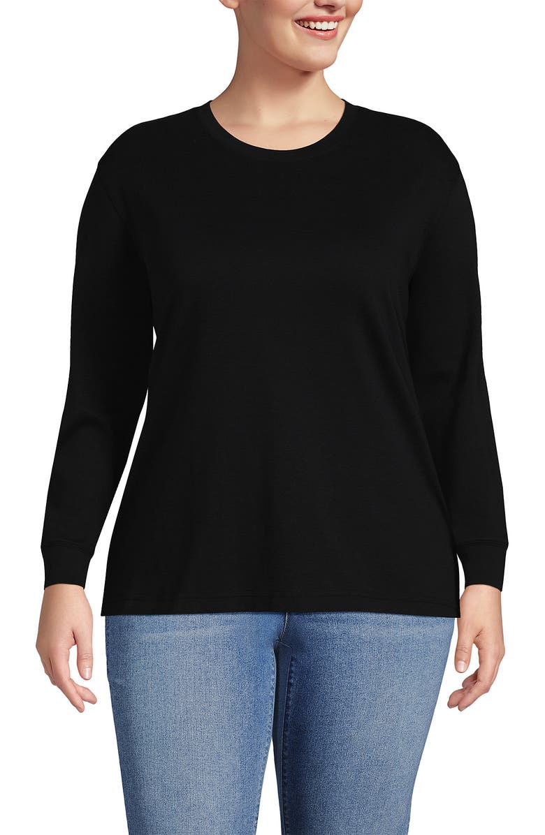Lands' End Long Sleeve Cotton Interlock Crew T-Shirt, Main, color, Black
