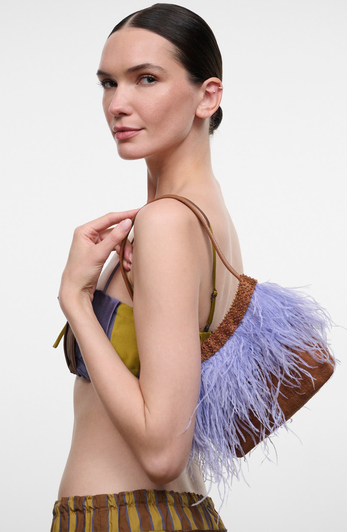 Winslow Feather Trim Leather Shoulder Bag, Alternate, color, BRONZE/ CIELO