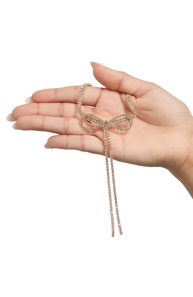 BCBG Generation Crystal Double Strand Bow Lariat Necklace, Alternate, color, Gold