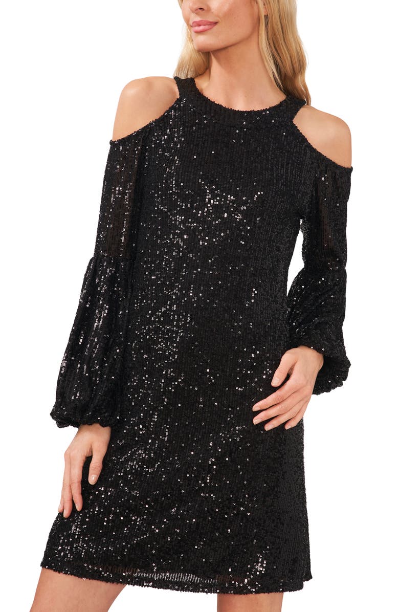 CeCe Cold Shoulder Long Sleeve Sequin Dress, Alternate, color, 