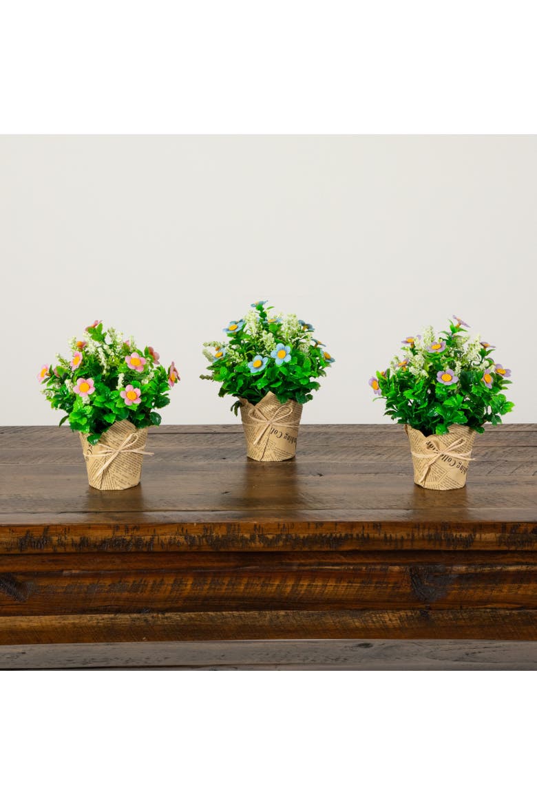 8-in Artificial Daisy Plant in Newspaper Wrapped Planter - Set of 3, Alternate, color, Assortment 2