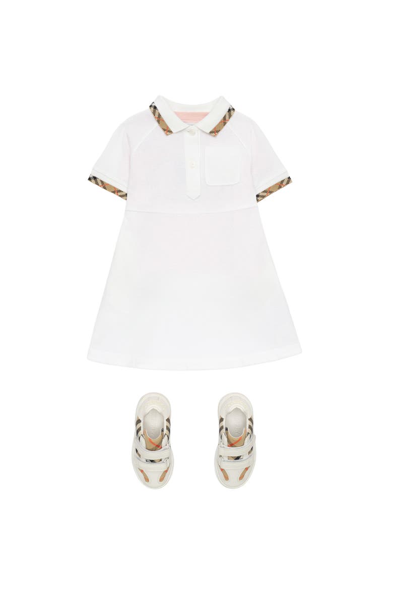 Girls' Check Trim Cotton Polo Shirt Dress, Alternate, color, White