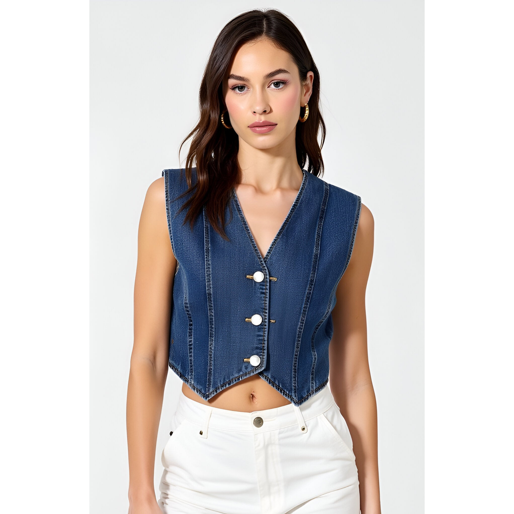 Modenaire Denim Vest With Front Buttons And Angled Hem Detail In Blue