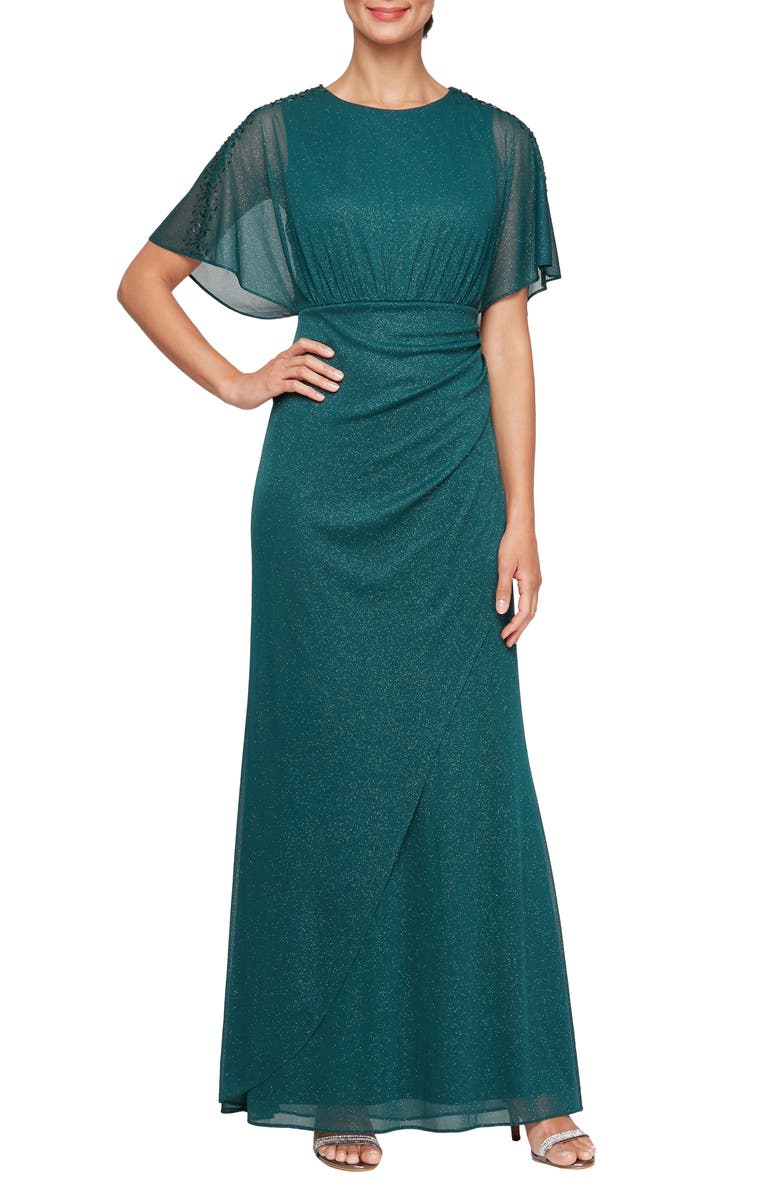 SL FASHIONS Glitter Flutter Sleeve Mesh Gown, Main, color, 