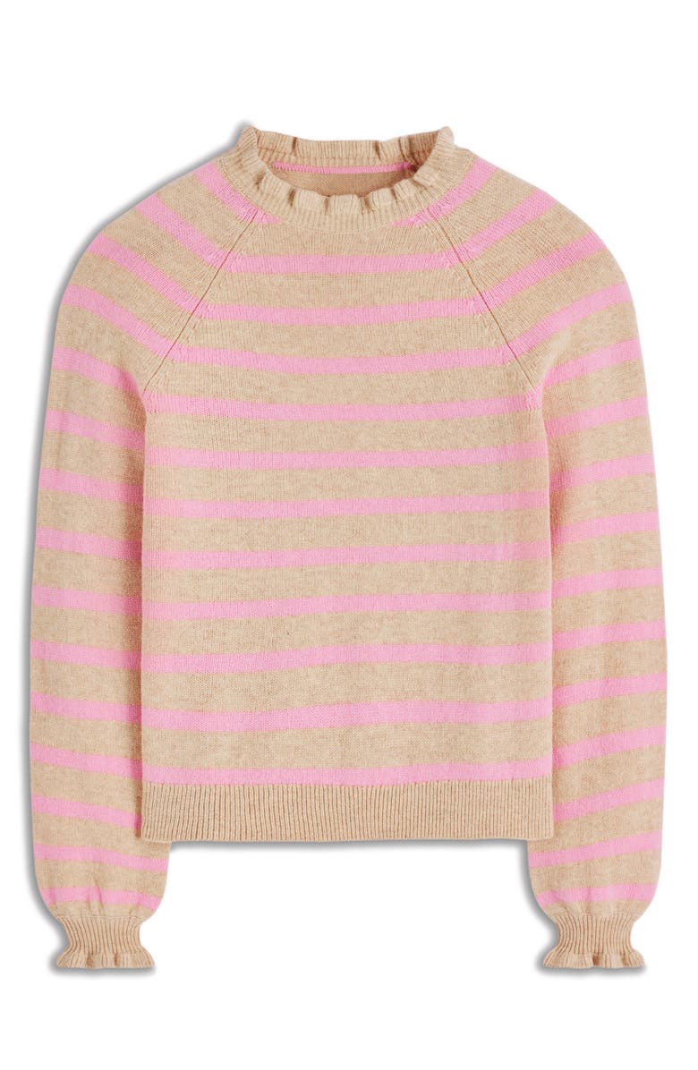 Boden Fae Fair Isle Ruffle Trim Sweater, Alternate, color, Camel/ Pink Stripe