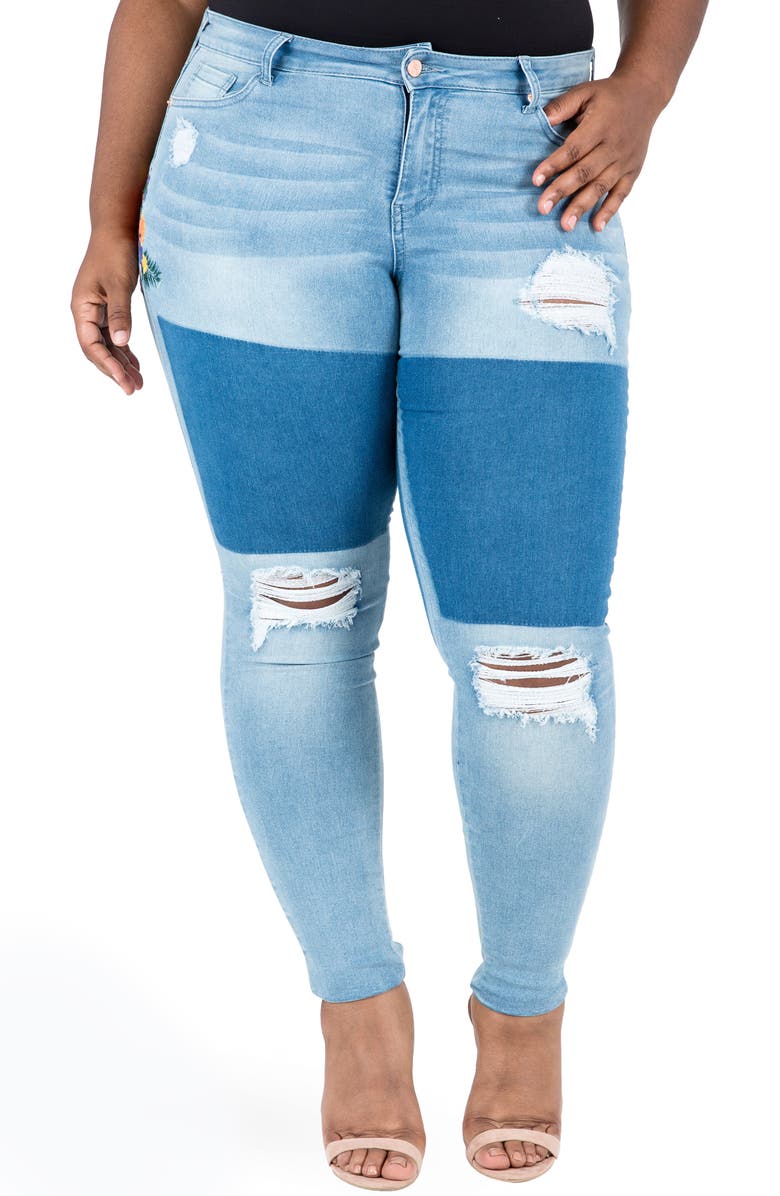 Poetic Justice Madison Ripped & Embroidered Skinny Jeans, Main, color, 