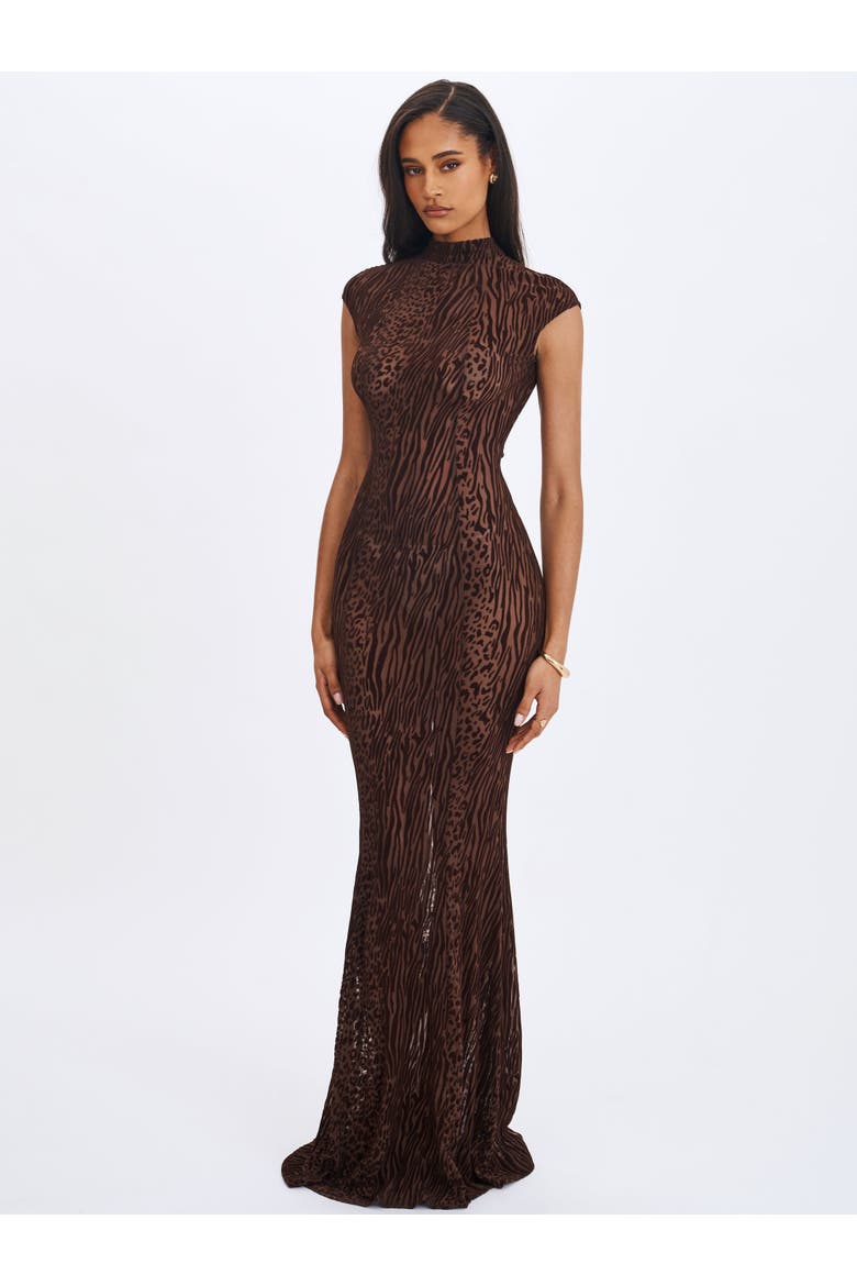 Tyanna Burnout Velvet Mesh Backless Mermaid Maxi Dress, Alternate, color, Mocha