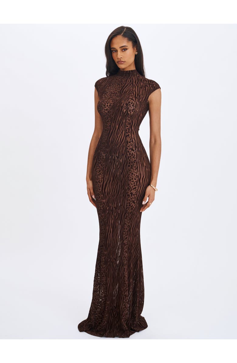 Miss Circle Tyanna Burnout Velvet Mesh Backless Mermaid Maxi Dress, Alternate, color, Mocha