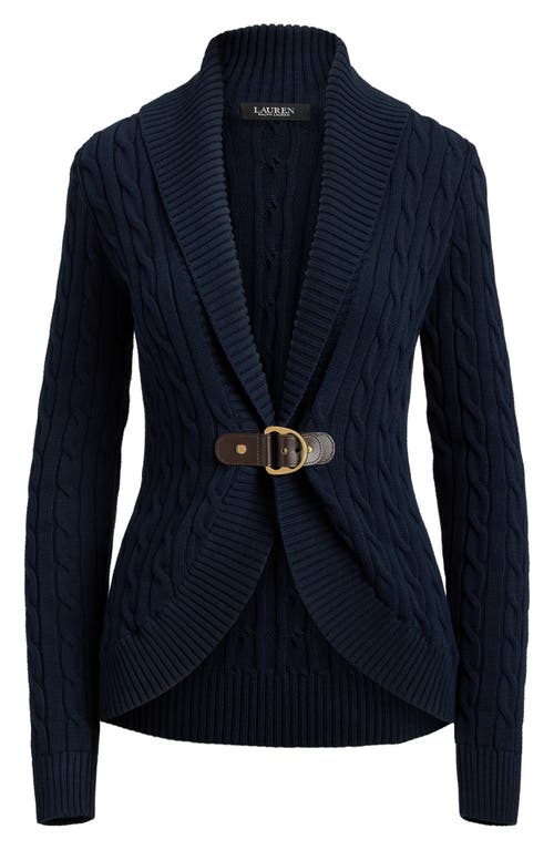 Ralph Lauren Lauren  Buckle Cable Stitch Cotton Cardigan In Blue