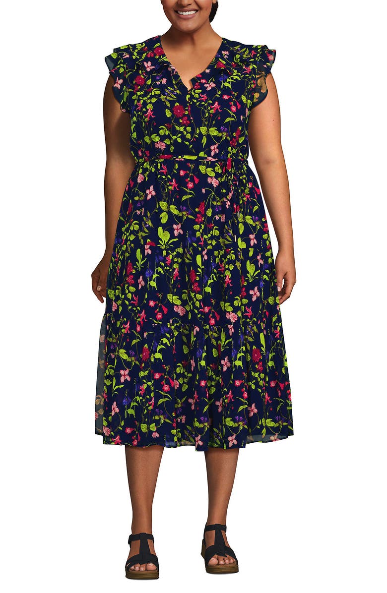 Lands' End Ruffle Sleeve Chiffon Tiered Midi Dress, Main, color, Deep Sea Multi Garden Floral