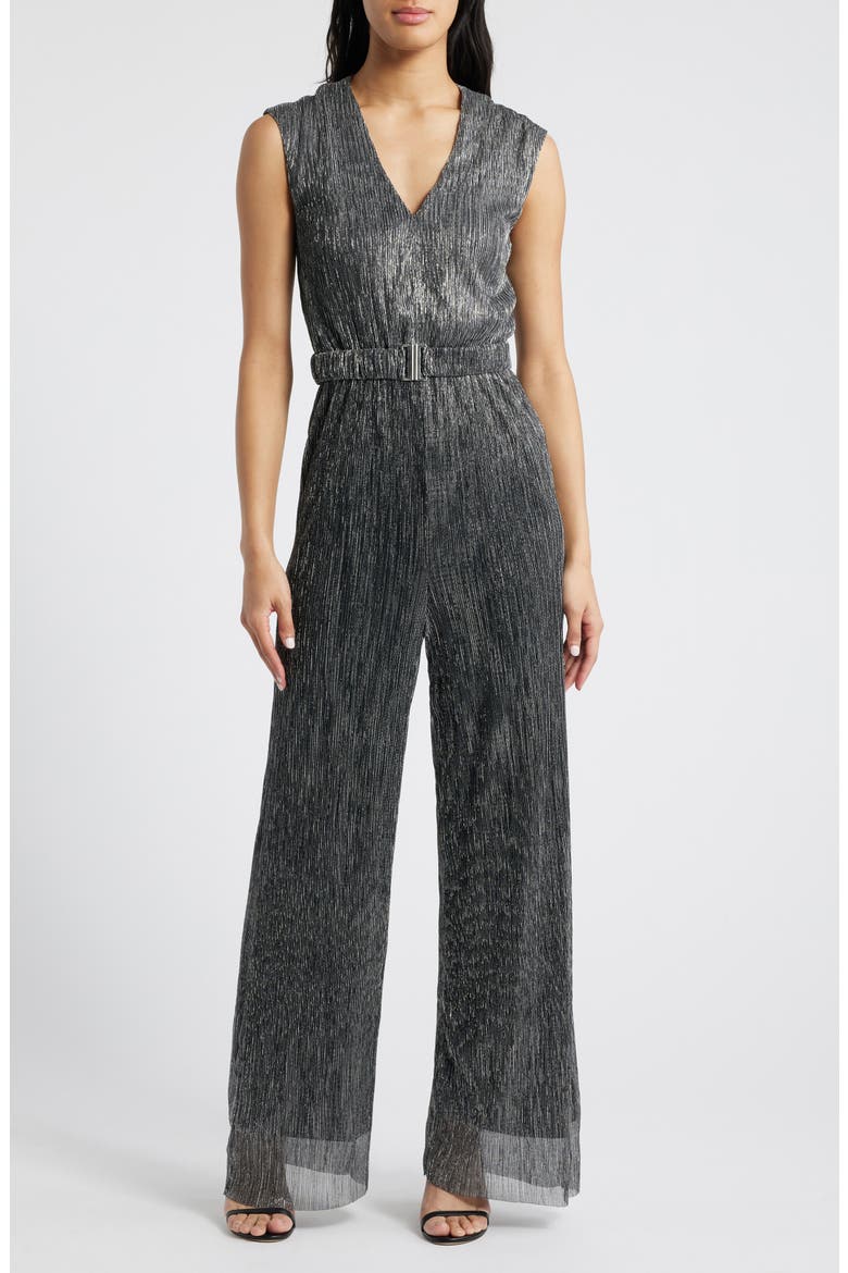 Metallic V-Neck Jumpsuit, Main, color, SILVER