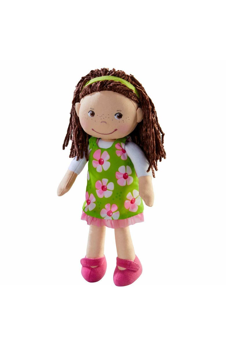 HABA Coco 12" Soft Baby Doll with Brown Hair, Embroidered Face, Removable Green Dress, Matching Headband - Machine Washable Toddler Doll - 18 Months+, Main, color, Green Multi