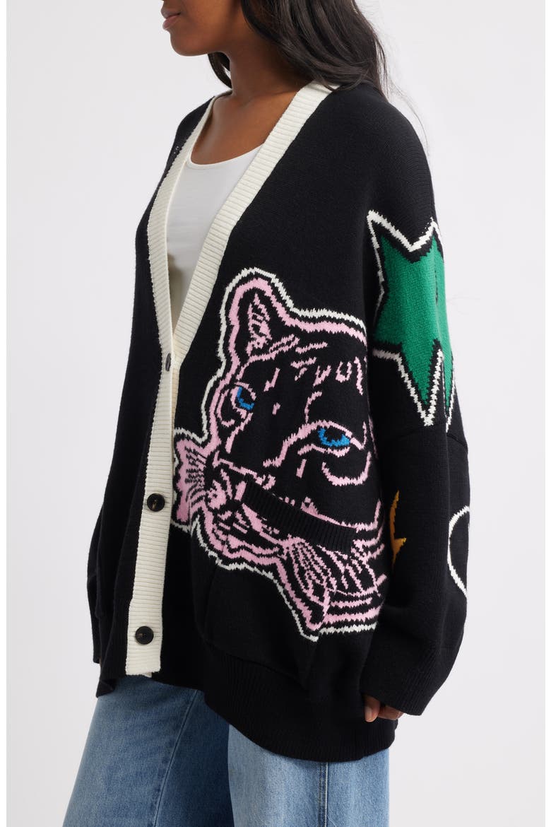 Karma Panther Oversize Cardigan, Alternate, color, BLACK
