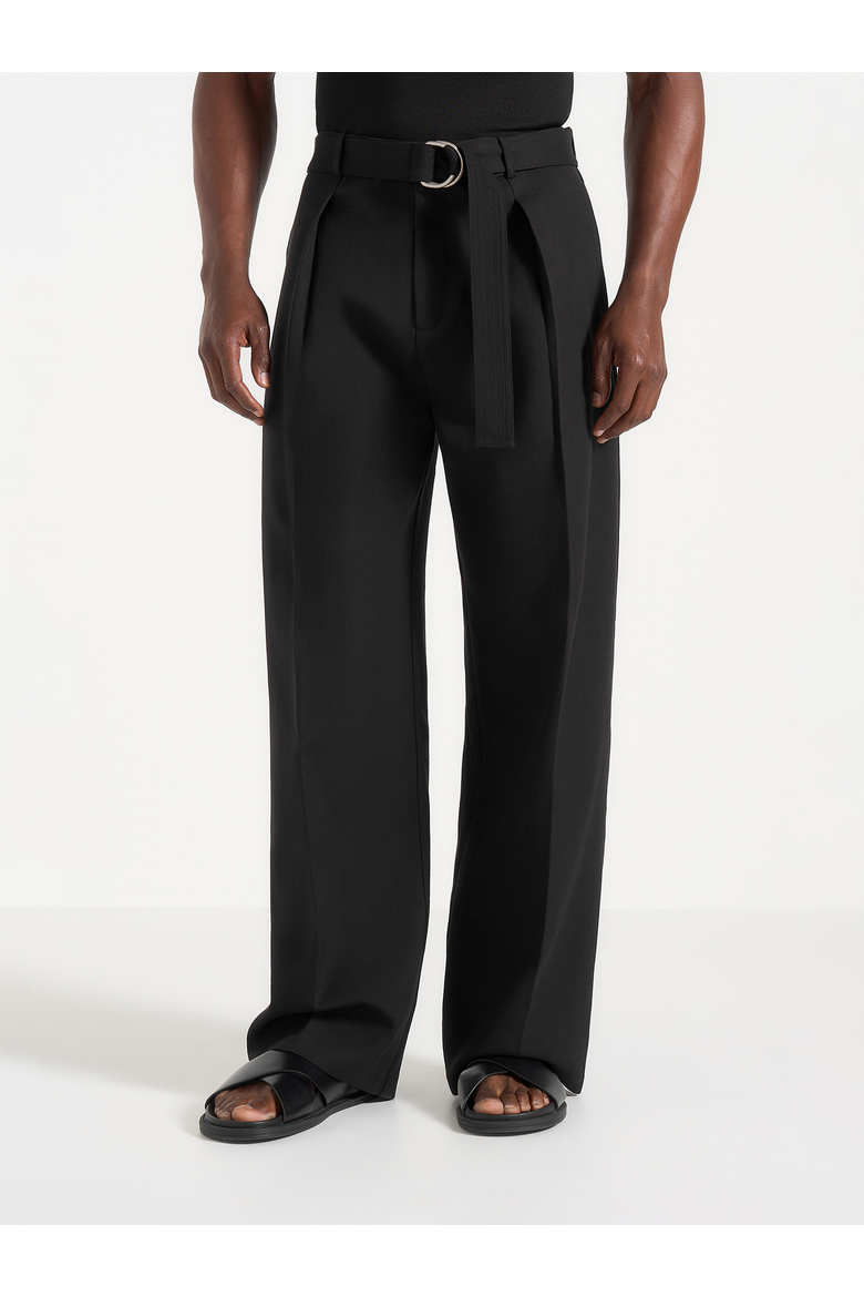 Loic Wide Leg Tailored Trousers With Belt, Alternate, color, Black