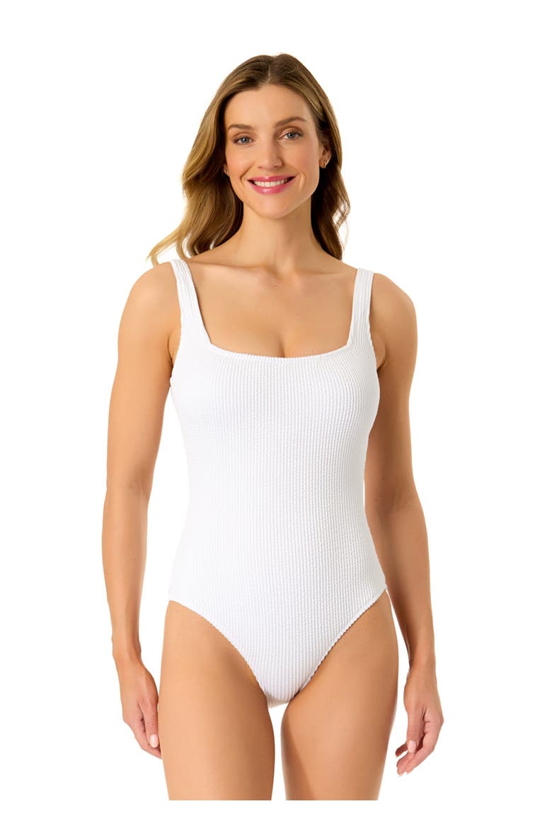 Women's Textured Classic Square Neck One Piece Swimsuit, Alternate, color, White