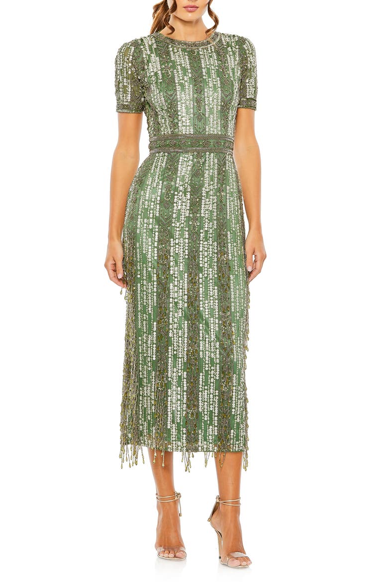 Women's High Neck Short Sleeve Crystal Fringe Column Dress, Main, color, SAGE